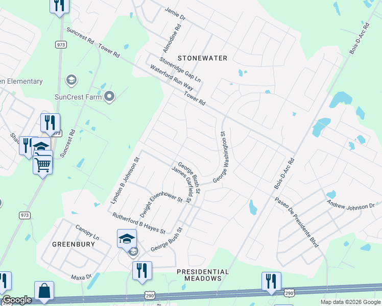 map of restaurants, bars, coffee shops, grocery stores, and more near 13808 Benjamin Harrison Street in Manor