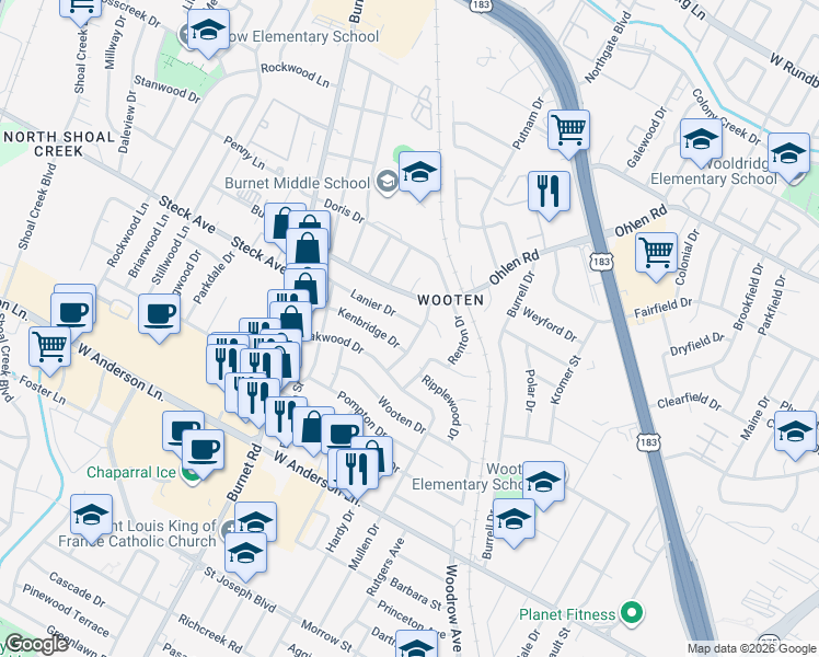 map of restaurants, bars, coffee shops, grocery stores, and more near 2103 Lanier Drive in Austin