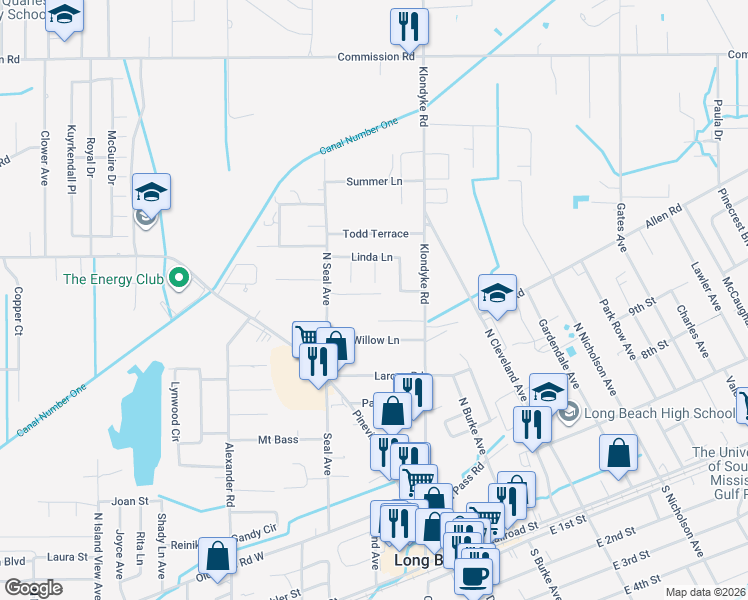 map of restaurants, bars, coffee shops, grocery stores, and more near 14 Oakmont Place in Long Beach