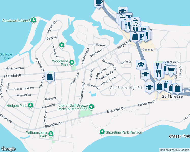 map of restaurants, bars, coffee shops, grocery stores, and more near 208 Firethorn Road in Gulf Breeze