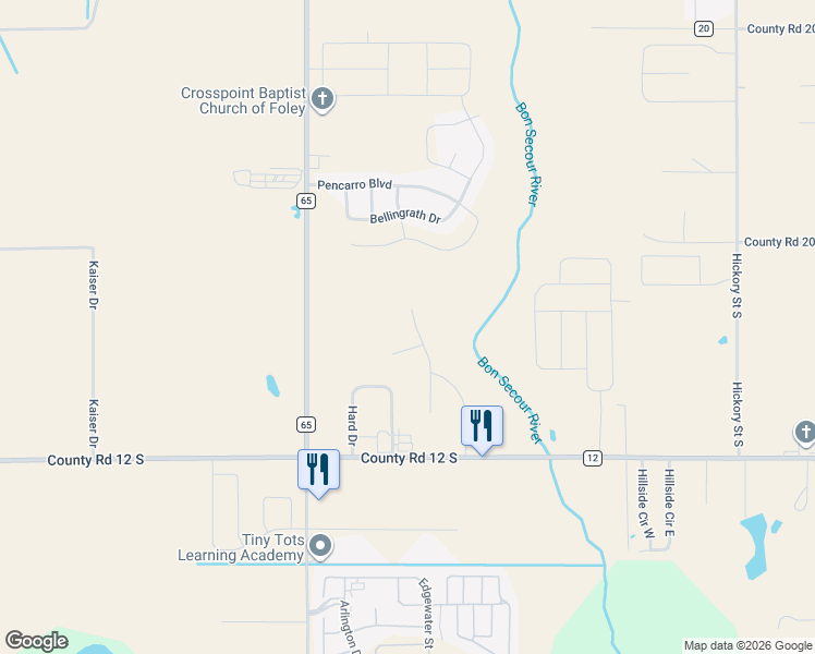 map of restaurants, bars, coffee shops, grocery stores, and more near 3827 Chesterfield Lane in Foley