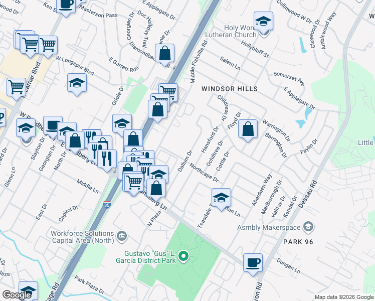 map of restaurants, bars, coffee shops, grocery stores, and more near 9700 Dallum Drive in Austin
