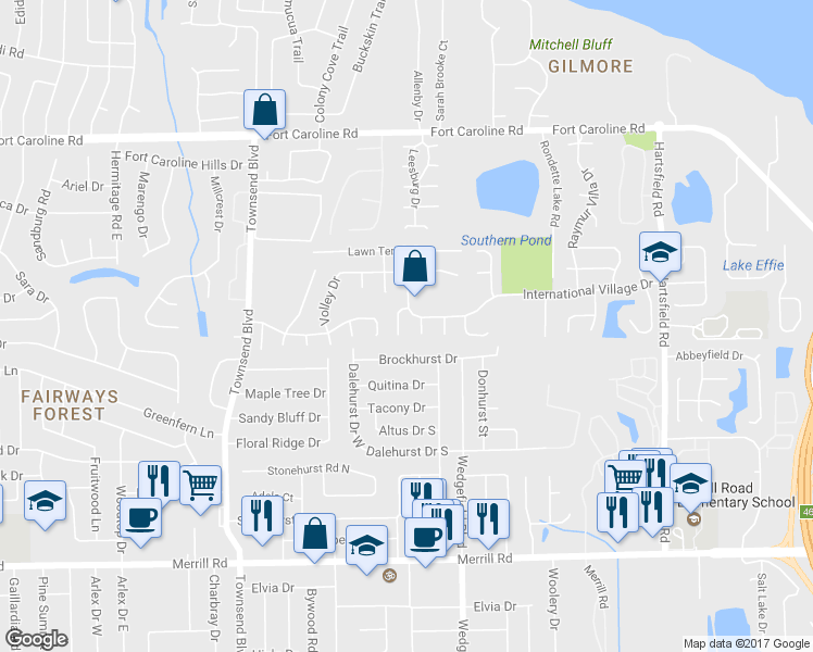 map of restaurants, bars, coffee shops, grocery stores, and more near 3336 Tennis Hills Lane in Jacksonville