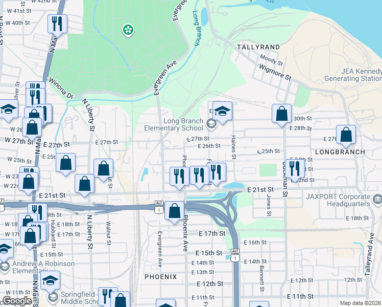 map of restaurants, bars, coffee shops, grocery stores, and more near 1129 East 24th Street in Jacksonville