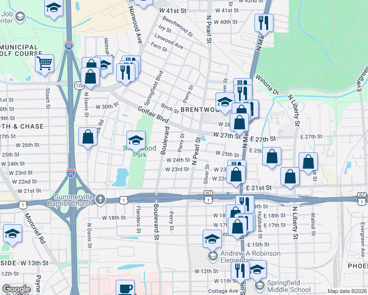 map of restaurants, bars, coffee shops, grocery stores, and more near 325 West 25th Street in Jacksonville