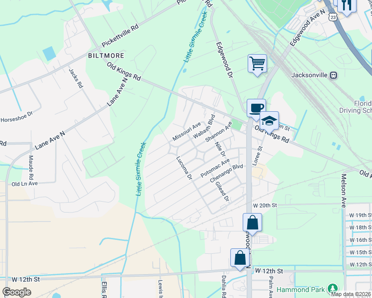 map of restaurants, bars, coffee shops, grocery stores, and more near 5327 Shannon Avenue in Jacksonville