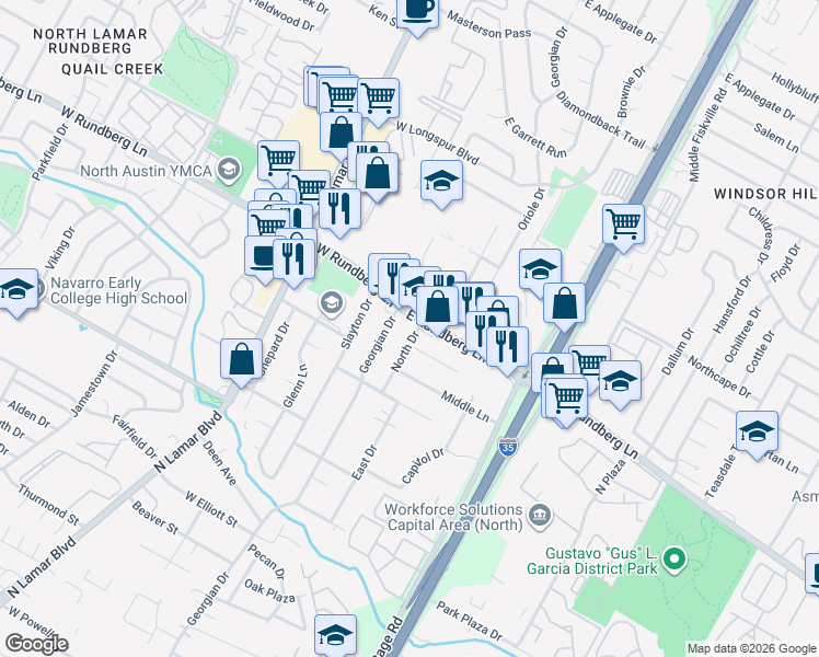 map of restaurants, bars, coffee shops, grocery stores, and more near 9301 Georgian Drive in Austin
