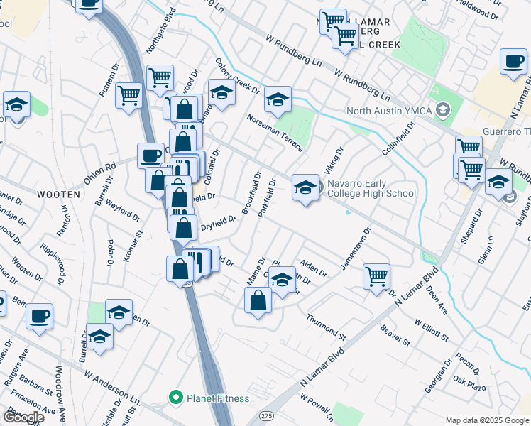 map of restaurants, bars, coffee shops, grocery stores, and more near 8606 Parkfield Drive in Austin