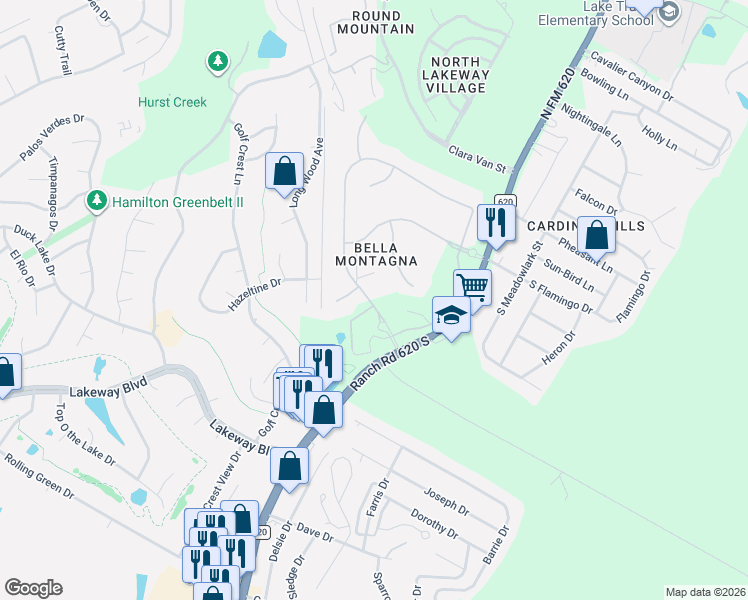 map of restaurants, bars, coffee shops, grocery stores, and more near 106 Bella Montagna Circle in Austin