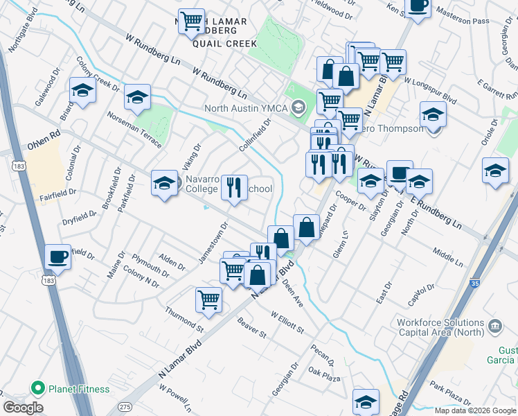 map of restaurants, bars, coffee shops, grocery stores, and more near 902 Kirschner Place in Austin