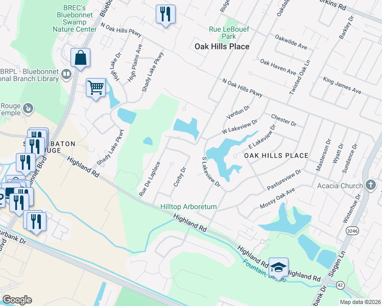 map of restaurants, bars, coffee shops, grocery stores, and more near 11685 Rue Villantray in Baton Rouge