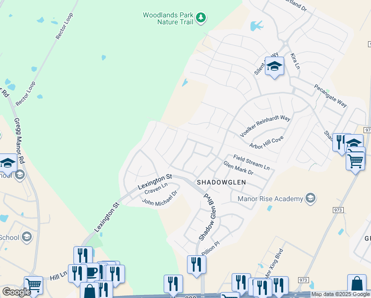 map of restaurants, bars, coffee shops, grocery stores, and more near 11609 Sunny Creek Lane in Manor