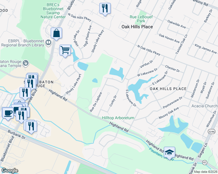 map of restaurants, bars, coffee shops, grocery stores, and more near 11558 Rue Villantray in Baton Rouge