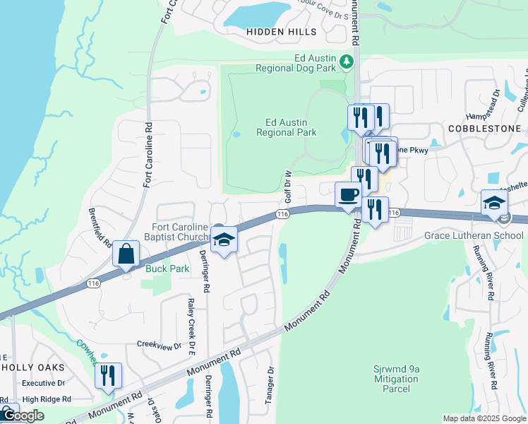 map of restaurants, bars, coffee shops, grocery stores, and more near 11613 McCormick Road in Jacksonville