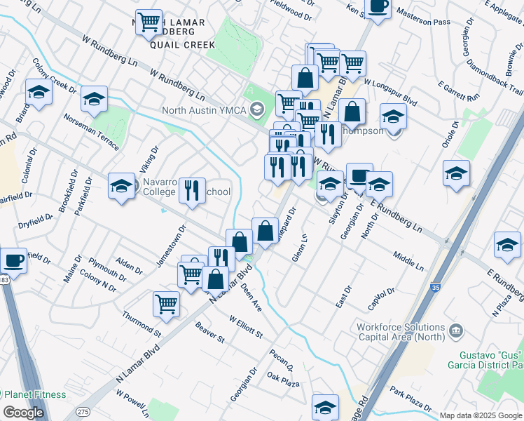 map of restaurants, bars, coffee shops, grocery stores, and more near 8926 North Lamar Boulevard in Austin