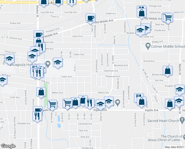 map of restaurants, bars, coffee shops, grocery stores, and more near 2402 Happy Avenue in Pascagoula