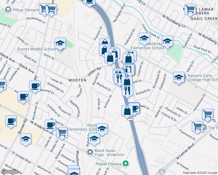 map of restaurants, bars, coffee shops, grocery stores, and more near 1506 Weyford Drive in Austin