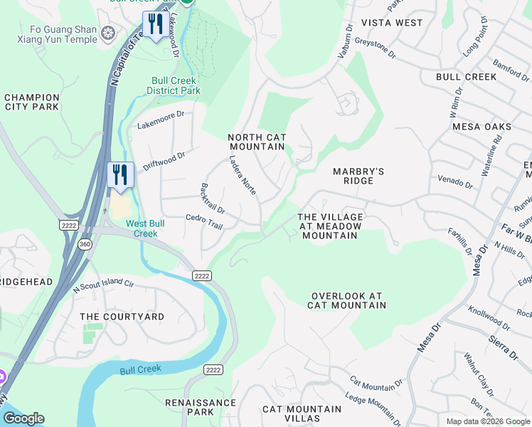 map of restaurants, bars, coffee shops, grocery stores, and more near 6505 Ladera Norte in Austin