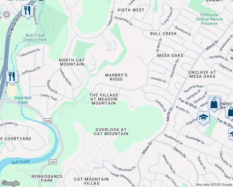 map of restaurants, bars, coffee shops, grocery stores, and more near 4403 Canyonside Trail in Austin