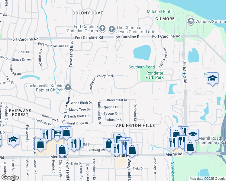 map of restaurants, bars, coffee shops, grocery stores, and more near 3343 Tennis Hills Lane in Jacksonville