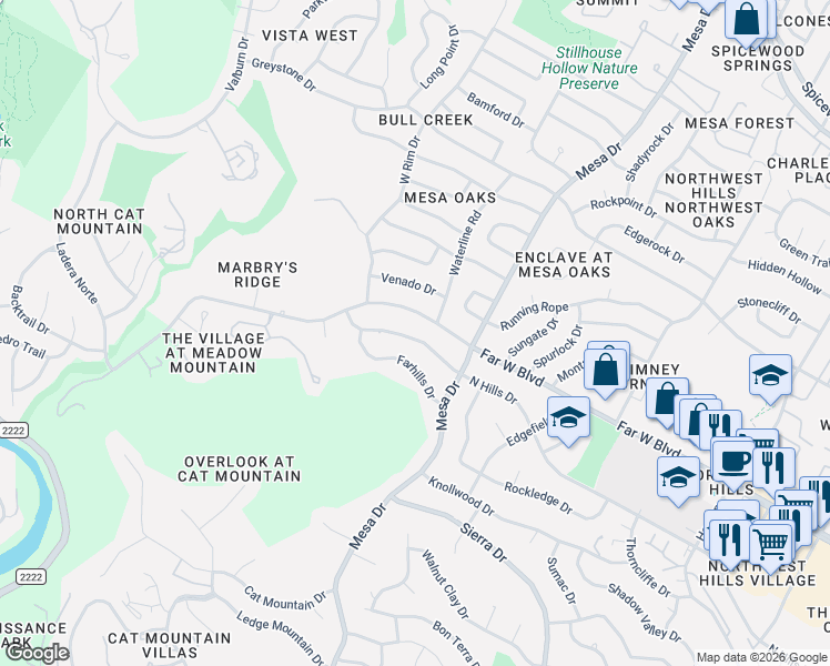 map of restaurants, bars, coffee shops, grocery stores, and more near 4200 North Hills Drive in Austin