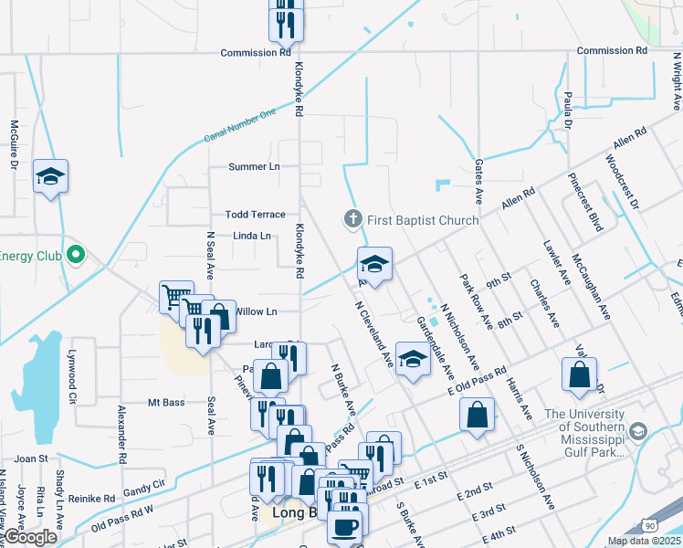 map of restaurants, bars, coffee shops, grocery stores, and more near 319 North Cleveland Avenue in Long Beach