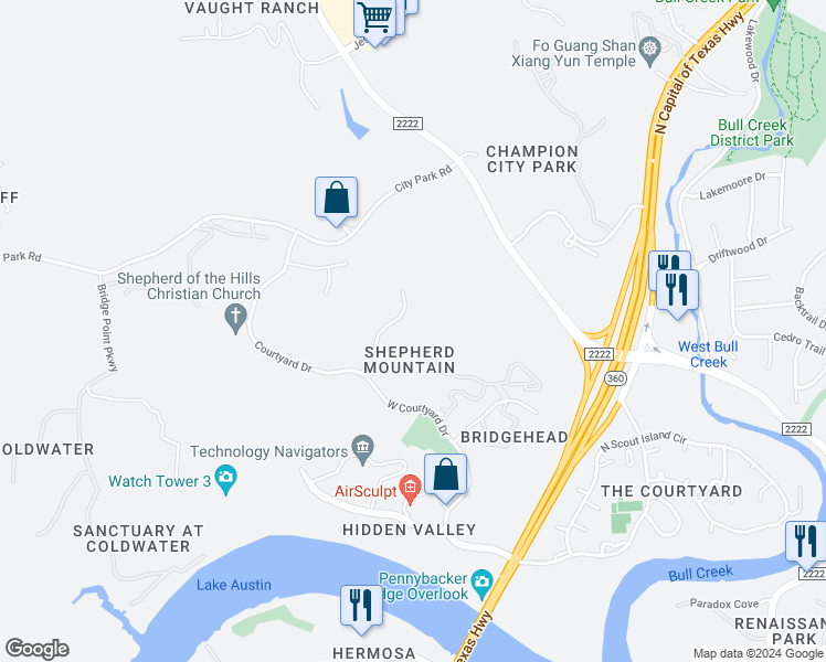 map of restaurants, bars, coffee shops, grocery stores, and more near 5809 Long Court in Austin