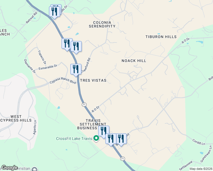 map of restaurants, bars, coffee shops, grocery stores, and more near 4709 Vista Estates Court in Spicewood