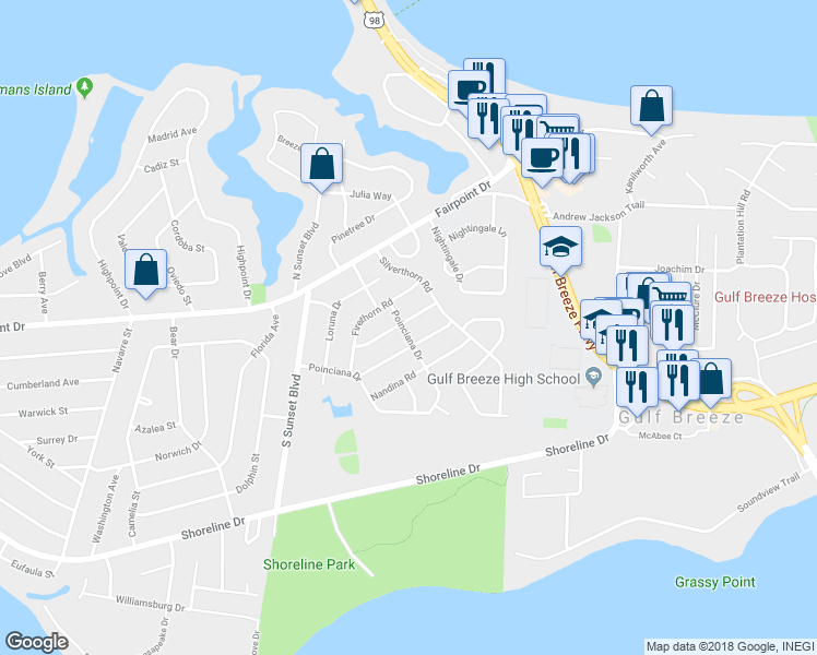 map of restaurants, bars, coffee shops, grocery stores, and more near 301 Poinciana Drive in Gulf Breeze