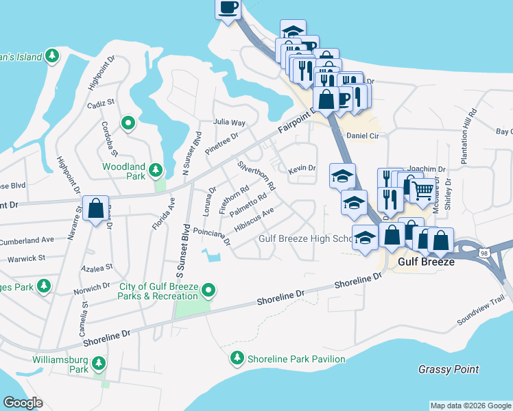 map of restaurants, bars, coffee shops, grocery stores, and more near 301 Poinciana Drive in Gulf Breeze