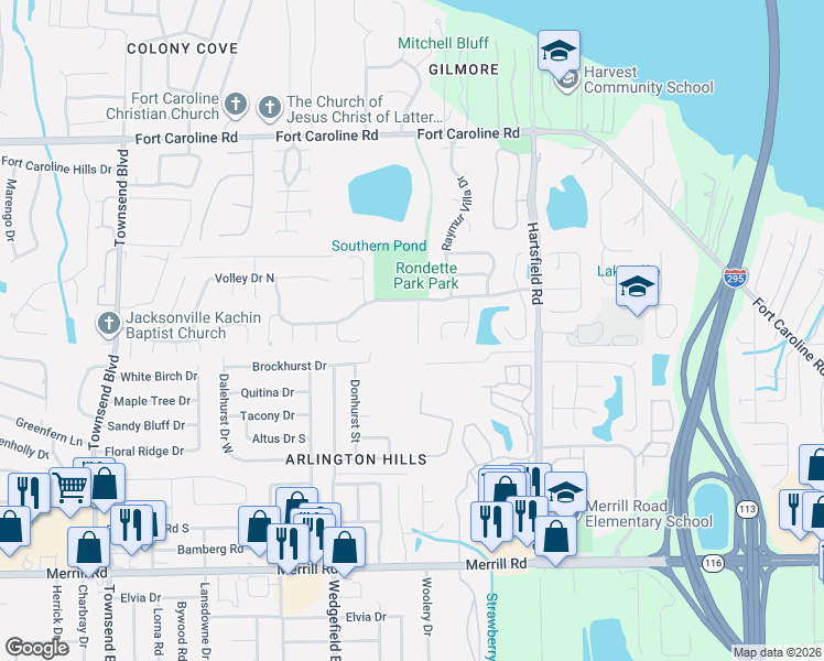 map of restaurants, bars, coffee shops, grocery stores, and more near 3358 Double Lane in Jacksonville