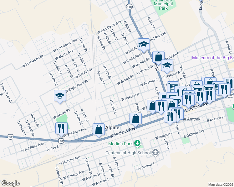 map of restaurants, bars, coffee shops, grocery stores, and more near 700 West Avenue A in Alpine