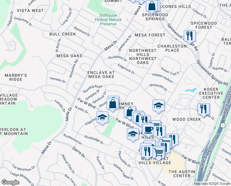 map of restaurants, bars, coffee shops, grocery stores, and more near 7209 Lamplight Lane in Austin