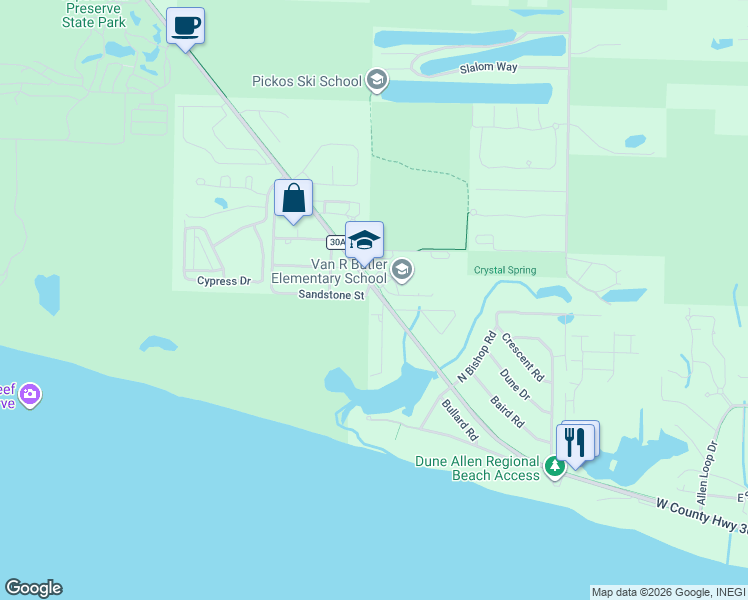 map of restaurants, bars, coffee shops, grocery stores, and more near 14 Loon Lake Drive in Santa Rosa Beach