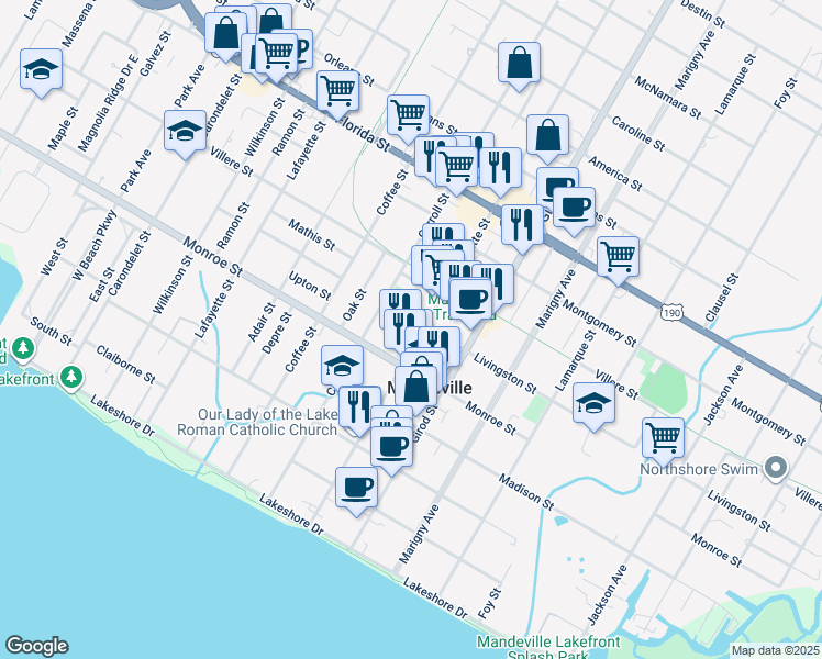 map of restaurants, bars, coffee shops, grocery stores, and more near 540 Lafitte Street in Mandeville