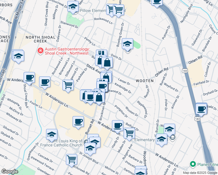 map of restaurants, bars, coffee shops, grocery stores, and more near 8109 Exmoor Drive in Austin