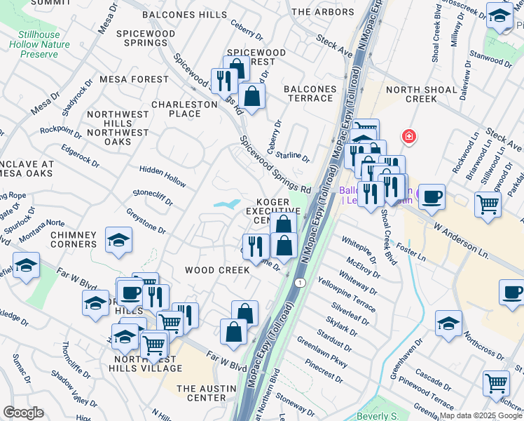 map of restaurants, bars, coffee shops, grocery stores, and more near 5 Austin Center Boulevard in Austin