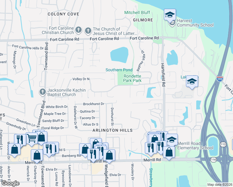 map of restaurants, bars, coffee shops, grocery stores, and more near 7551 International Village Drive in Jacksonville