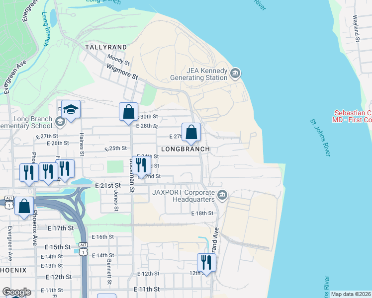 map of restaurants, bars, coffee shops, grocery stores, and more near 1883 East 24th Street in Jacksonville
