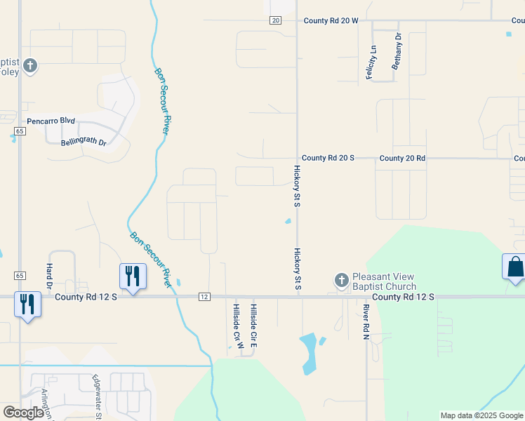 map of restaurants, bars, coffee shops, grocery stores, and more near 1078 Crown Walk Drive in Foley