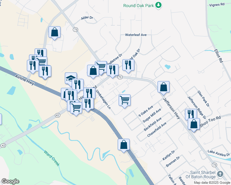 map of restaurants, bars, coffee shops, grocery stores, and more near 10249 Umbehagen Lane in Baton Rouge