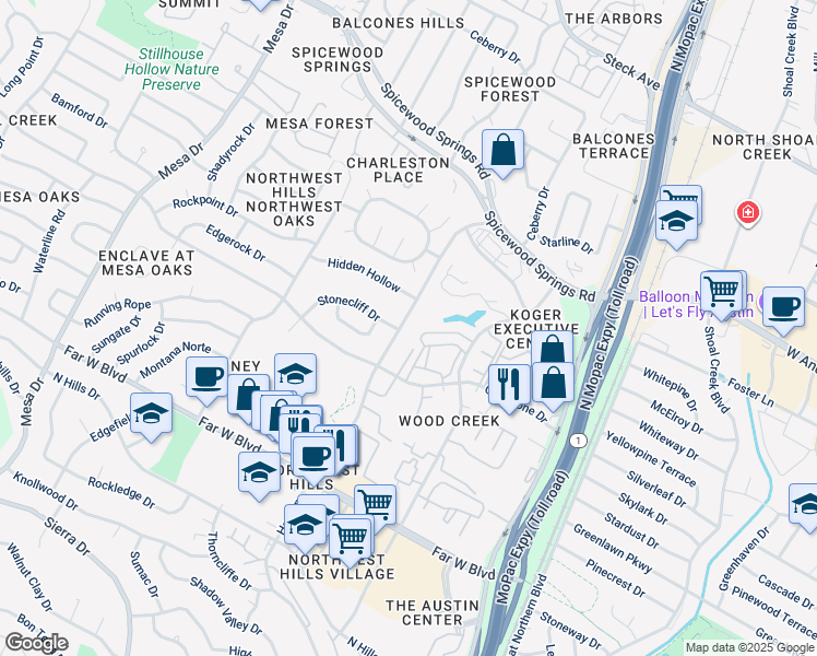 map of restaurants, bars, coffee shops, grocery stores, and more near 7525 Stonecliff Drive in Austin