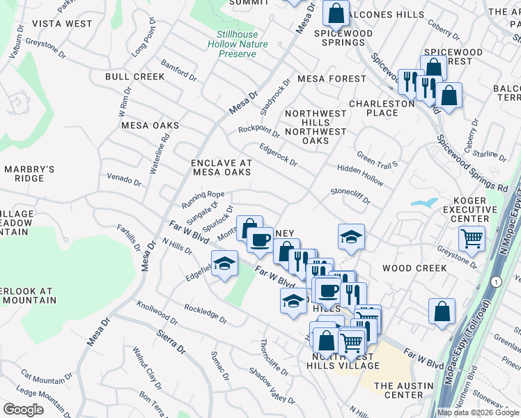 map of restaurants, bars, coffee shops, grocery stores, and more near 7209 Lamplight Lane in Austin