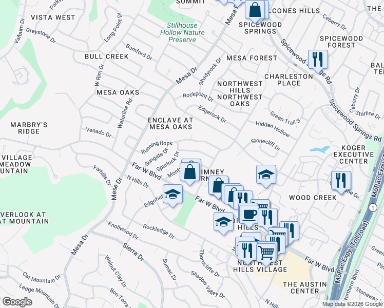 map of restaurants, bars, coffee shops, grocery stores, and more near 7209 Lamplight Lane in Austin