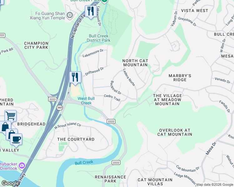 map of restaurants, bars, coffee shops, grocery stores, and more near 5105 Backtrail Drive in Austin