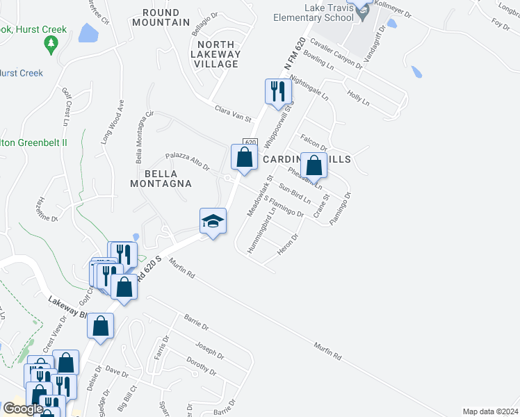 map of restaurants, bars, coffee shops, grocery stores, and more near 404 Hummingbird Lane in Austin