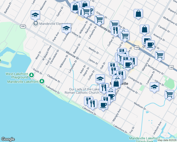 map of restaurants, bars, coffee shops, grocery stores, and more near 442 Coffee Street in Mandeville