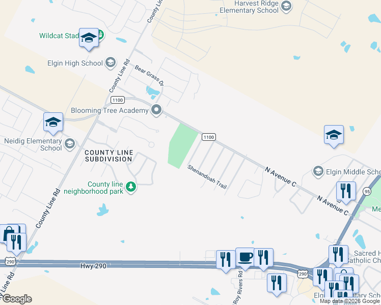 map of restaurants, bars, coffee shops, grocery stores, and more near 126 Shenandoah Trail in Elgin