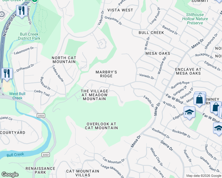 map of restaurants, bars, coffee shops, grocery stores, and more near 4403 Canyonside Trail in Austin
