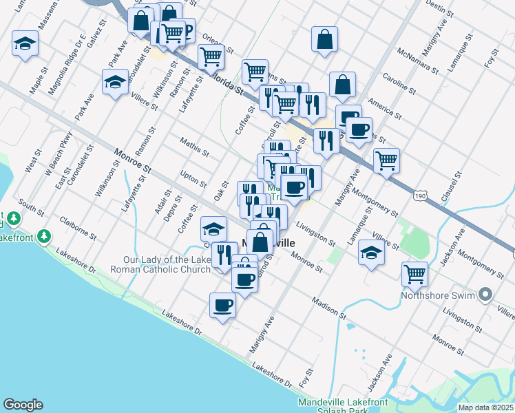 map of restaurants, bars, coffee shops, grocery stores, and more near 540 Lafitte Street in Mandeville